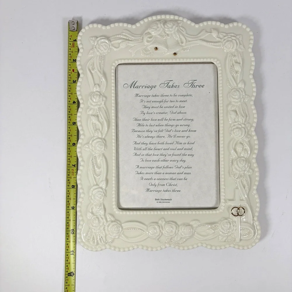 Dicksons Ceramic Wedding Picture Frame Cream Gold Floral Cross Bells Gift